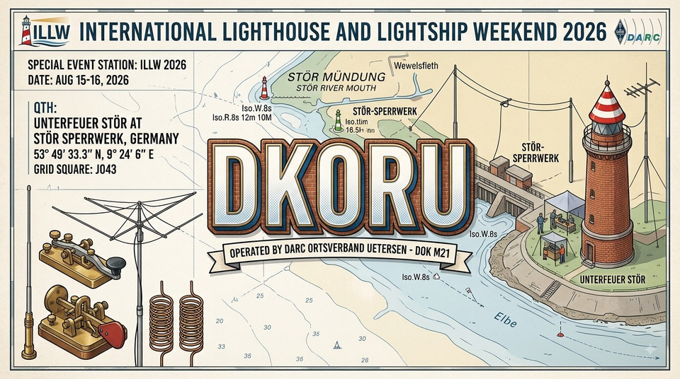 QSL-Karte von DK0RU zum ILLW 2026 mit einer Illustration des Störsperrwerks und des Unterfeuers Stör