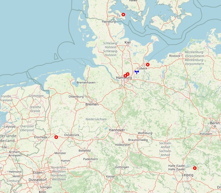 Karte der im 23cm-Band erreichten Stationen zwischen Südjütland, Hamburg, Osnabrück und Leipzig.