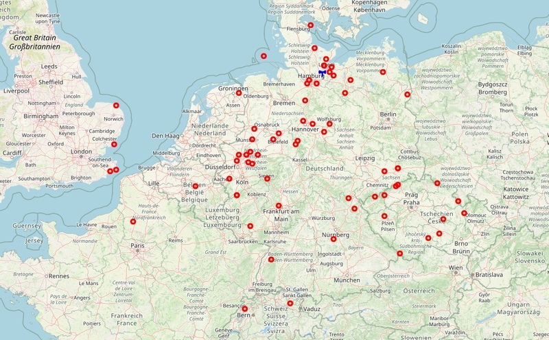 Karte der im 2m-Band erreichten Stationen in Deutschland, Großbritannien, Belgien, den Niederlanden, Polen, Tschechien und der Schweiz.