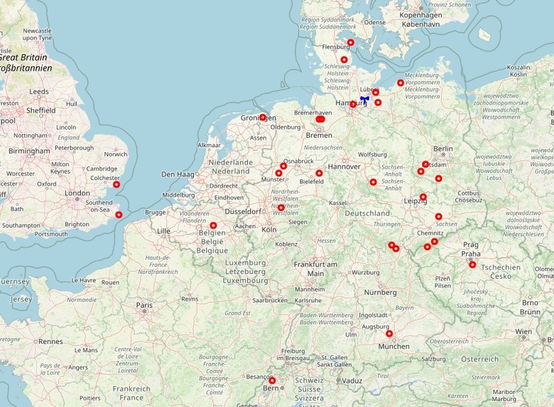 Karte der im 70cm-Band erreichten Stationen in Deutschland, Großbritannien, den Niederlanden, Tschechien und der Schweiz.