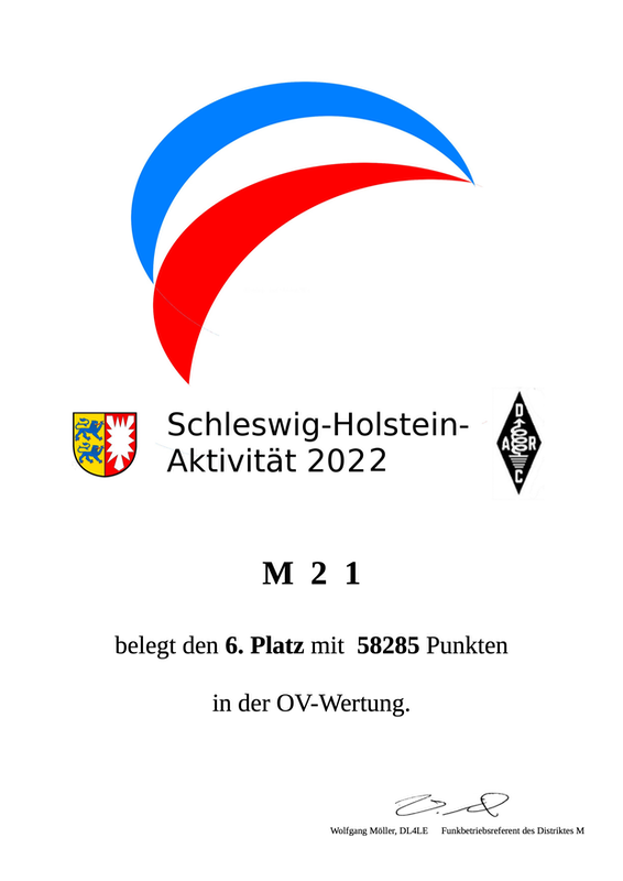 Urkunde Schleswig-Holstein-Aktivität 2022. M21 belegt den 6. Platz mit 58285 Punkten in der OV-Wertung. Unterschrieben von Wolfgang Möller, DL4LE. Funkbetriebsreferent des Distriktes M