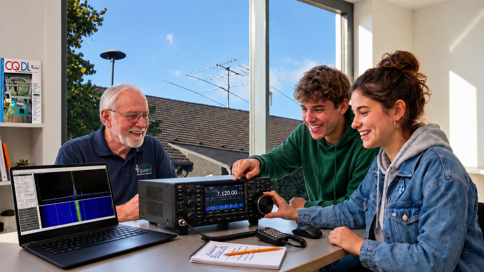 Drei Menschen aus verschiedenen Generationen entdecken gemeinsam ein Amateurfunkgerät und die Funkdarstellung auf einem Laptop